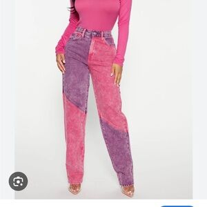Fashion Nova Two Hearts Colorblock Straight Leg Jeans Pink Size 11